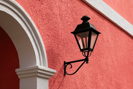 Textured red wall with a black ornate lamp and white arch detail