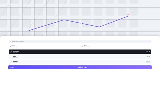 Ride-hailing mobile application interface animation showing route mapping and vehicle selection on a solid background