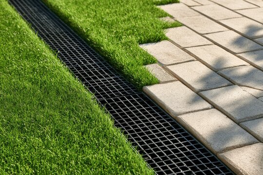 Grated drainage channel separates lush green lawn from paved pathway