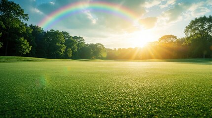 Obraz premium Beautiful rainbow arches over green golf course fairway after rain. Bright sun shines through clouds over rich grass lawn. Scenic landscape with trees, summer sky creates peaceful atmosphere for