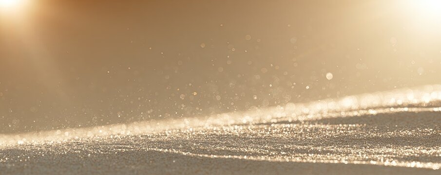 Golden sunlight illuminates a sandy, textured surface with sparkling highlights