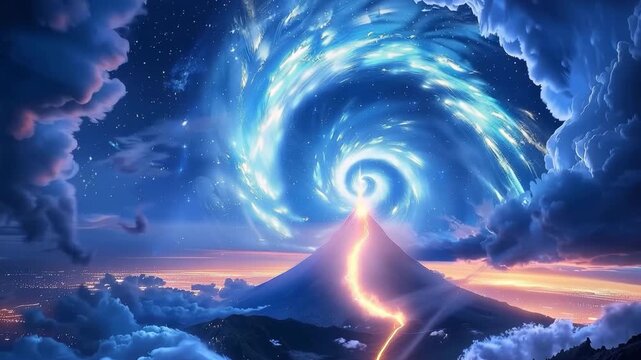 Surreal Fantasy Mountain Peak with Glowing Trail Under Cosmic Swirling Blue Vortex Sky at Night
