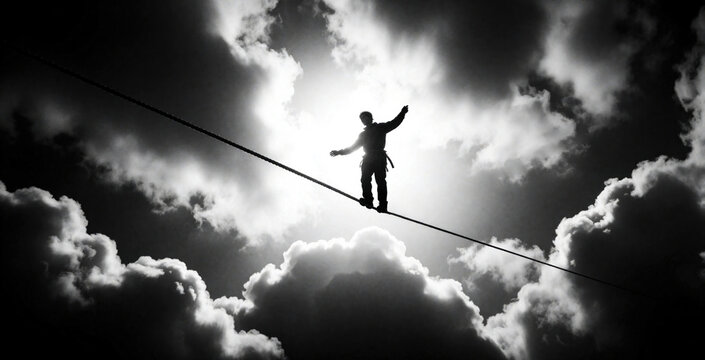 Fearless daredevil walks on tightrope high above clouds. Silhouette man balances on rope against bright sun in dramatic sky. Extreme stunt performance shows courage, risk, achievement. Person