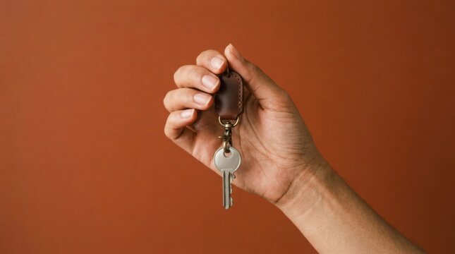 Hand Holding a Single Key on a Brown Background.