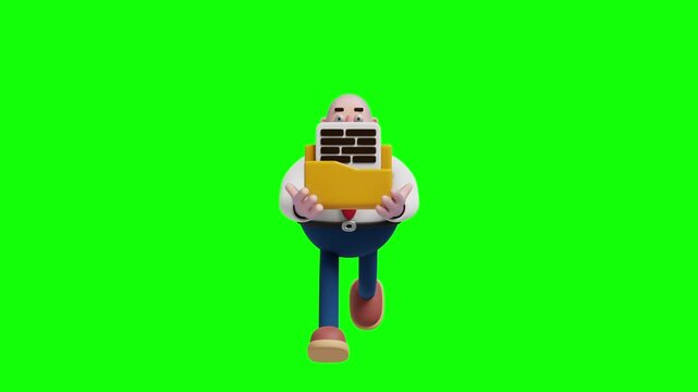 3D cartoon businessman holding a yellow folder with documents, front view, green background.