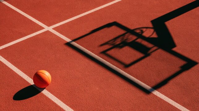 An orange basketball rests on a red court, bathed in harsh shadow