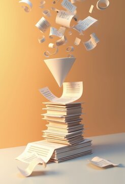 Paper slips drop from a white funnel onto a stack of documents on a soft orange backdrop. Concept of bookkeeping service ads, tax preparation guides, accounting firm websites, and expense app screens.