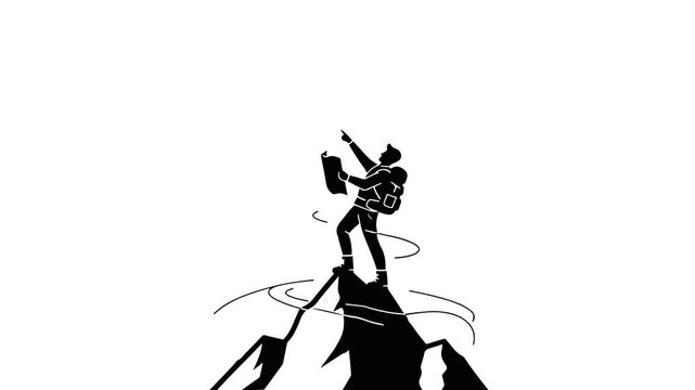 Minimalist black vector illustration of a hiker standing on a mountain peak, holding a map and pointing forward