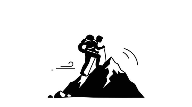 Minimalist black vector illustration of a hiker with trekking poles climbing up a steep mountain peak