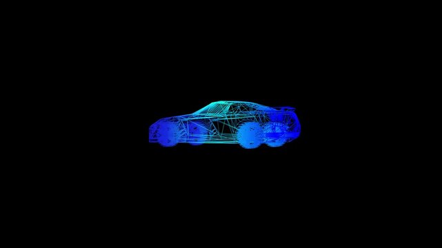 A futuristic wireframe car glowing blue-green, rotating against a black background.