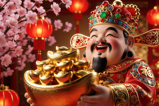 Chinese God of Wealth statue holds large gold bowl filled with sycee ingots. Red festive decorations with blooming cherry blossoms, lanterns background. Traditional Lunar New Year celebration symbol