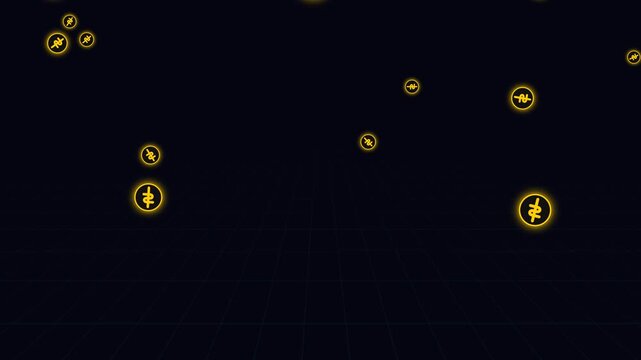 Golden glowing coins falling against a dark background with a digital grid floor representing financial wealth and crypto currency concepts in a modern motion graphic animation loop