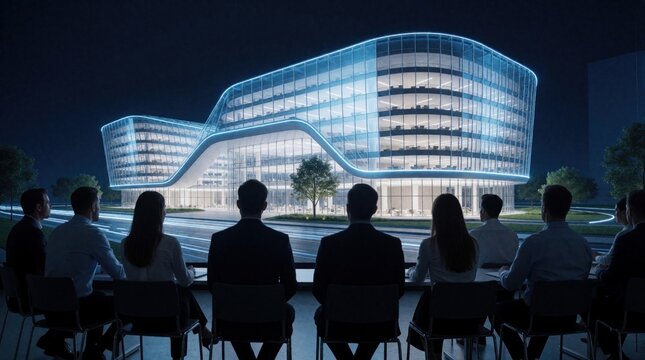 Group of pro architects watching 3D building design on large digital screen. Team discusses modern business center architecture, urban development project. Corporate specialists plan futuristic