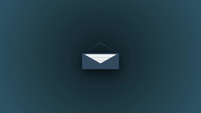 An animated envelope opens on a dark blue background to reveal a letter with text lines emerging inside a clean modern minimalist graphic design animation concept for digital communication