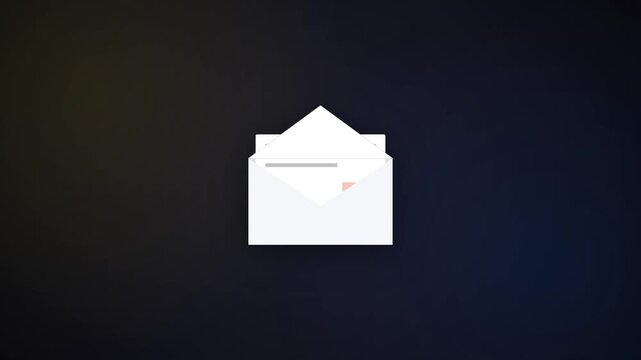 White envelope opening to reveal a letter with text on a dark blue background representing digital communication, message notification, or email service concept animation