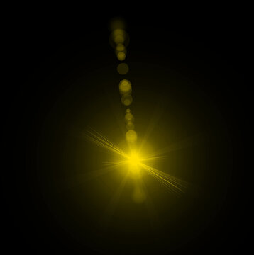 Vibrant yellow lens flare with bright light rays and glowing optical effects showcasing digital radiance for creative graphic design elements isolated on transparent background