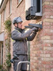 Fototapeta premium Professional technician installing wall mounting brackets for a solar inverter battery storage system on a residential house exterior brick wall