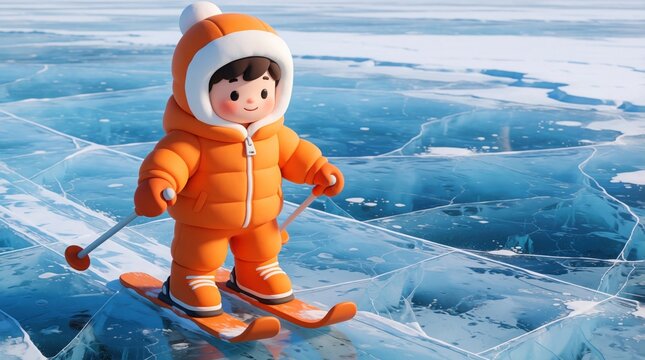 Cute little boy in orange winter jumpsuit skis on frozen blue ice. Small child wears warm hood, goggles for cold weather fun. 3D character performs outdoor winter sport on slippery frozen lake