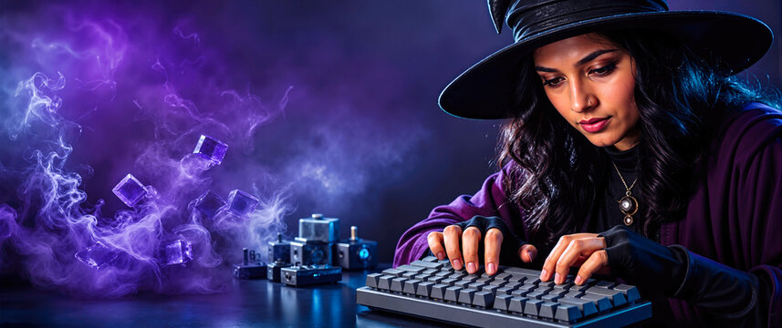 Witch typing on mechanical keyboard with glowing purple magical smoke and floating crystal cubes in dark room. Halloween technology and fantasy computer gaming concept with mysterious digital atmosphe