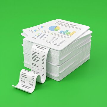 3D Isometric Illustration of Quarterly Business Report and Financial Receipt on Green Background