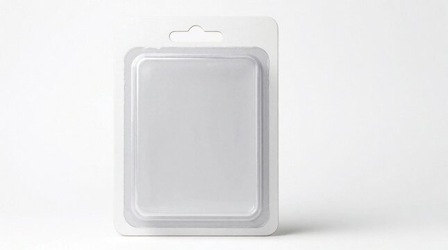Blank white blister pack with clear plastic cover, cardboard backing. Empty retail packaging with hang tab for store shelf display. Mockup container for merchandise small product presentation in