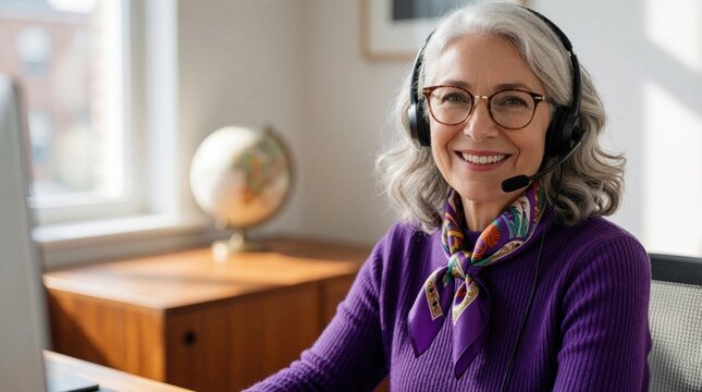 Smiling middle aged woman with grey hair wears headset, glasses. Mature female pro works in home office call center. Happy customer service agent talks on phone sitting at desk with computer.