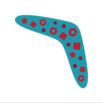 Teal boomerang with red geometric shapes