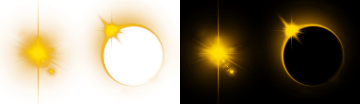 Golden glowing solar eclipse illustration with bright starburst flare light effects and detailed circle ring silhouette design presented neatly isolated against transparent background