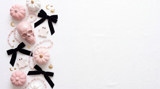 Coquette halloween flat lay with pink pumpkins and black bows