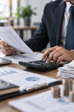 Financial Analyst Reviewing Documents and Using Calculator for Expense Analysis, Budgeting, and Tax Preparation at Office Desk