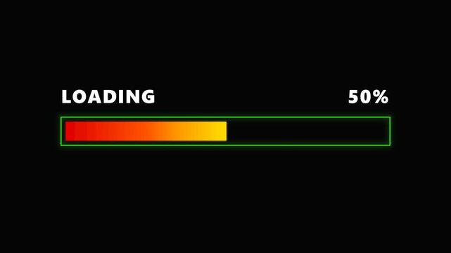 Motion graphics of a green loading bar starting at zero percent on black background video clip