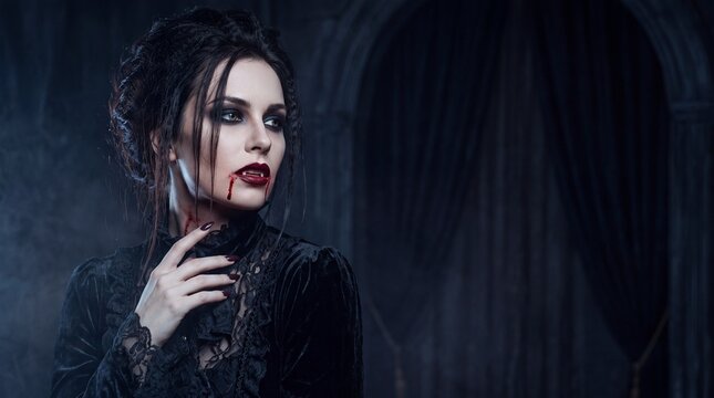 Coquette halloween vampire woman posing in black lace gothic dress
