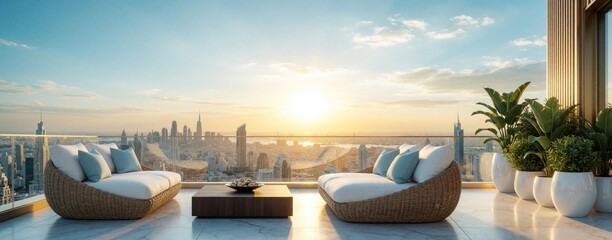 Obraz premium Luxury penthouse terrace with modern outdoor furniture, skyline view. Two wicker sofas with blue cushions sit near low coffee table on marble floor. Sun sets over city skyscrapers during golden hour.