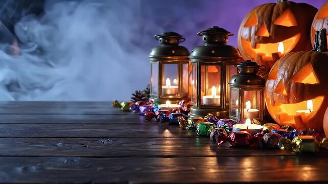 Glowing Jack-o'-lanterns, vintage candle lanterns, and colorful wrapped candies on a rustic wooden table surrounded by spooky fog and smoke.