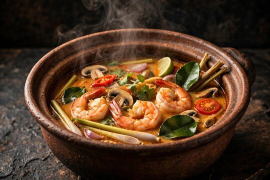 Top down flat lay fresh Thai ingredients lemongrass galangal kaffir lime chili garlic