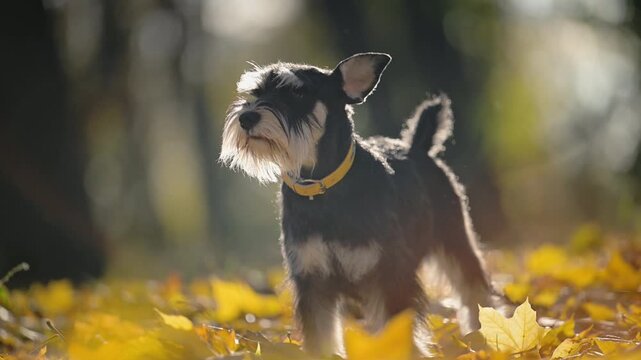 Close pet grooming scene as a person carefully combs the face and eyebrows of a Miniature Schnauzer outdoors in autumn.