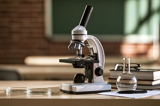 A laboratory microscope sits on a wooden desk with books, glassware, and petri dishes