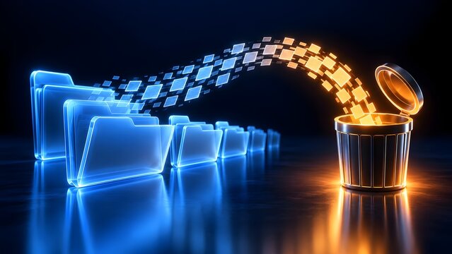 Digital data flowing from glowing blue folders into a trash can representing data deletion archiving or cleanup in a digital environment.