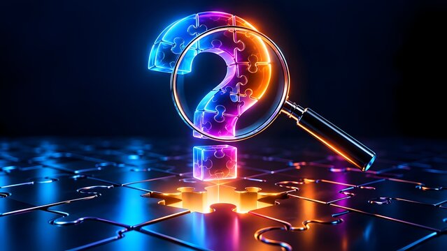 Illuminated puzzle question mark symbol magnified by a magnifying glass representing mystery problem solving and complex challenges on a dark reflective surface.