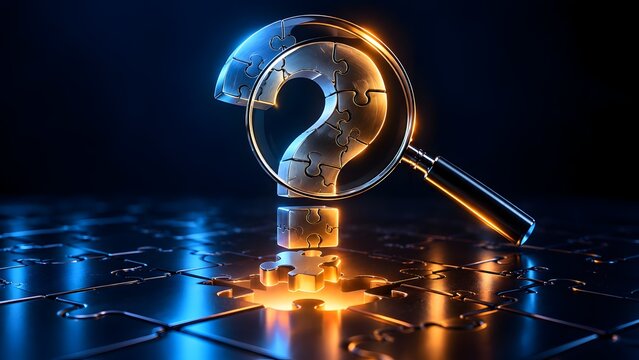 Magnifying glass examining a metallic question mark made of puzzle pieces symbolizing mystery problem solving and investigation with glowing light and dark background.