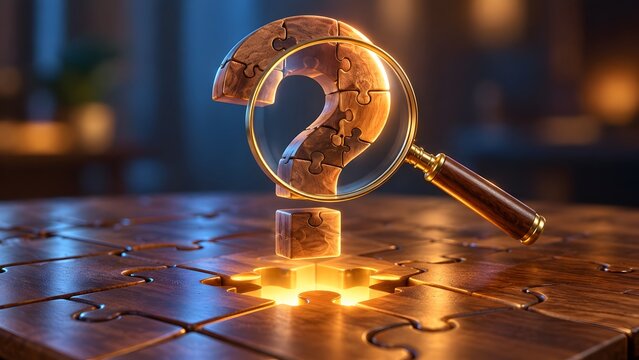Magnifying glass examining a wooden puzzle question mark symbol with a glowing light emanating from a missing puzzle piece on a wooden table representing mystery and problem solving.