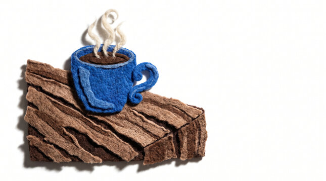 Blue coffee cup with steam on rough wooden surface  
