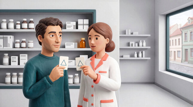 Handmade clay figures of a man and a pharmacist holding geometric cards inside a pharmacy interior with medical shelves and window view. Mental health counseling and psychological therapy concept
