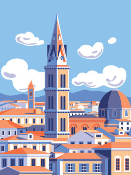 Detailed beautiful cityscape with colorful bright traditional classic Mediterranean Italian buildings, roofs, houses, towers, and churches. Handmade drawing vector illustration.