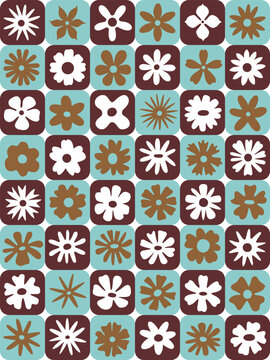 A 1970s style vector set collection of all different, cropped, doodles based flower icons and floral signs arranged in rows within alternating squares.