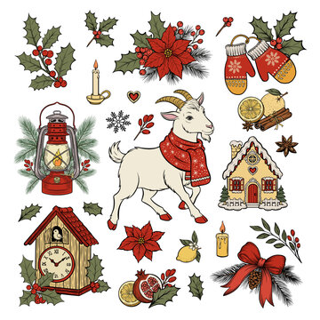 Retro Christmas Goat Hand Drawn Festive Vintage Illustration Set, Vector Xmas Collection of Poinsettia, Holly Berry Branch Isolated Clipart New Year Symbol, Lantern and Gingerbread House, Mittens