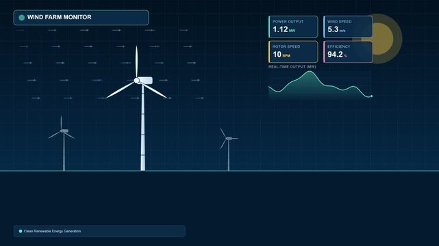 Wind farm monitor dashboard displaying real-time renewable energy data and turbine performance metrics, motion graphics animation