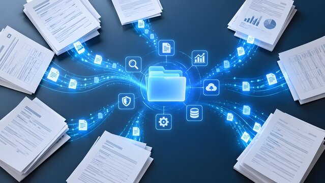 Centralized digital folder icon connecting scattered physical paper stacks through glowing data network lines