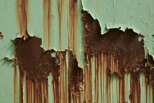 Green paint peeling to reveal textured, stained, rusty metal surface