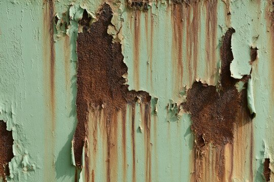 Peeling pale green paint reveals textured, streaked rust on metal
